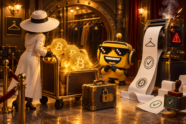 A white-hatted figure returns Bitcoin coins to a vault as the mustard-yellow SiliconSnark robot watches.