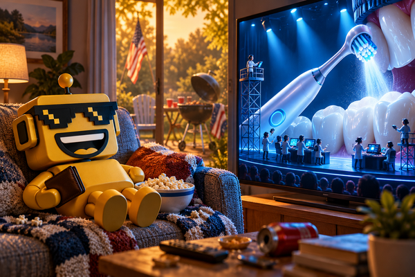 SiliconSnark robot watches a toothbrush launch on television while tiny engineers direct jets between giant teeth.