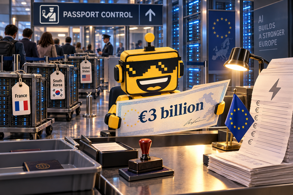 SiliconSnark robot inspects a €3 billion check as international server shipments enter a European data center.