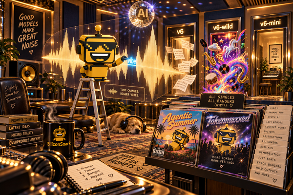 SiliconSnark’s yellow robot edits a song in a studio beside Agentic Summer and Tokenmaxxed album sleeves.