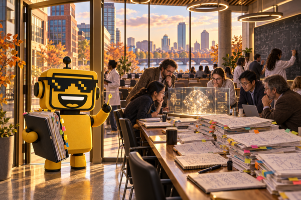 SiliconSnark robot welcomes an AI office to Kendall Square as scientists inspect research methods around a conference table.