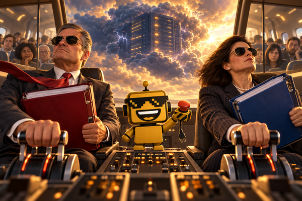Executives accelerate toward a server-shaped storm as the yellow SiliconSnark robot holds an unplugged stop button.