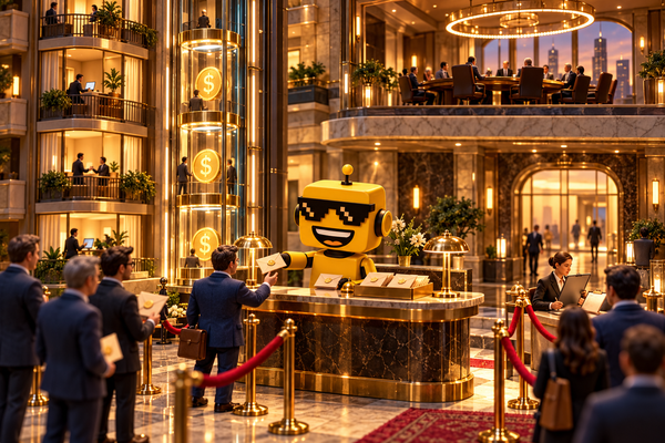 SiliconSnark robot distributes envelopes as digital dollars move through a surreal financial clearinghouse.