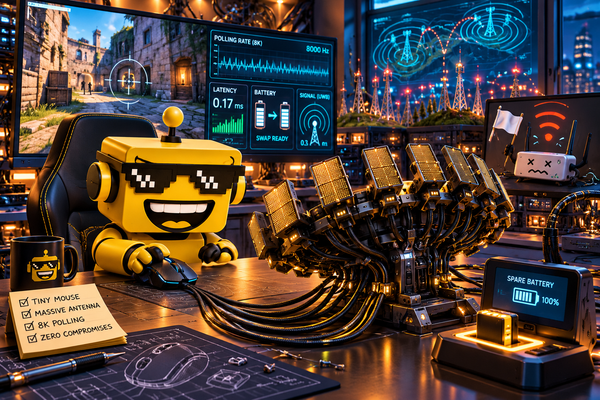 SiliconSnark robot tests an oversized UWB gaming mouse beside a charging dock and defeated Wi-Fi router.