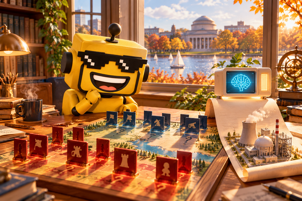 SiliconSnark robot studies a Stratego board beside a compact computer, with MIT’s Great Dome beyond the window.