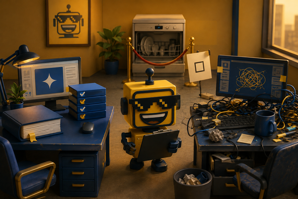 SiliconSnark’s yellow robot reviews Astra and Sol workstations beside a dishwasher awaiting permission.
