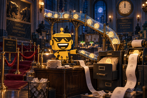 SiliconSnark robot routes glowing deposit tokens from a blockchain bridge into a bank’s reconciliation system.