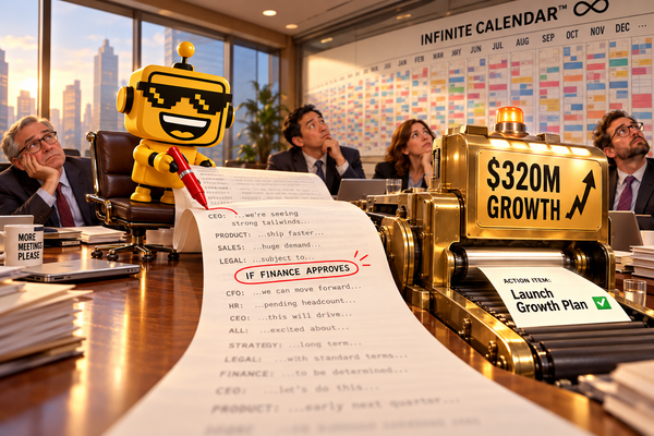 SiliconSnark robot rescues a conditional phrase from a meeting transcript feeding an automated task machine.