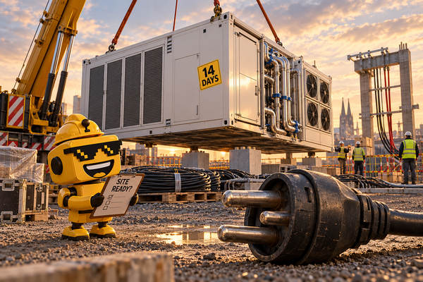SiliconSnark robot checks a site-readiness clipboard beside a delivered AI container and disconnected power plug.