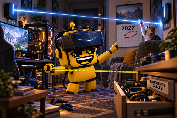 SiliconSnark robot tests a Pimax VR headset between two glowing wireless antennas in a gamer’s room.
