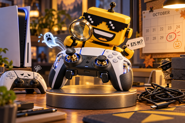 SiliconSnark robot examines the abxylute P5 PS5 controller beside a price tag, shipping calendar, and a skeptical DualSense.