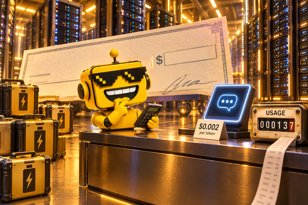 SiliconSnark robot compares a cheap AI usage meter with an enormous financing check beside server racks.