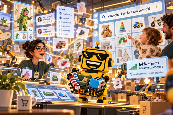 SiliconSnark robot organizes a chaotic AI shopping catalog in a surreal retail control room.