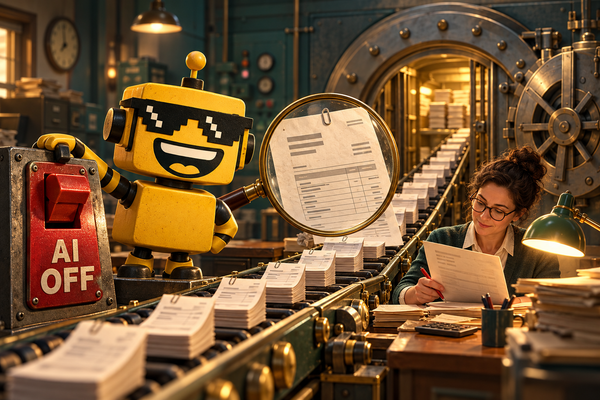 SiliconSnark robot beside an AI off switch as an accountant reviews invoices approaching a bank vault.