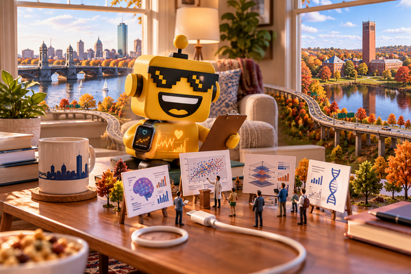 SiliconSnark robot reviews smartwatch research in a living room overlooking Boston and UMass Amherst.