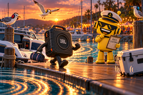 SiliconSnark’s robot checks a detachable JBL boat speaker beginning shore leave at a sunset marina.