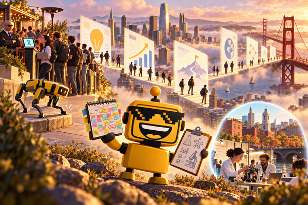 SiliconSnark’s yellow robot compares a crowded SF Tech Week calendar with a Boston lab clipboard beside a robot demo.