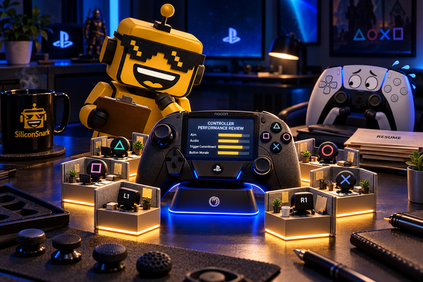SiliconSnark robot examines a screen-equipped PS5 controller on a glowing charging dock.