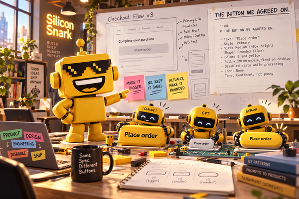 SiliconSnark robot compares a shared design specification with three conflicting buttons made by coding assistants.