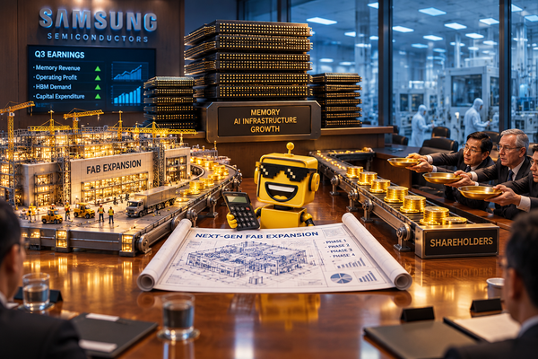 SiliconSnark robot watches memory-chip profits split between a factory expansion and waiting shareholders.