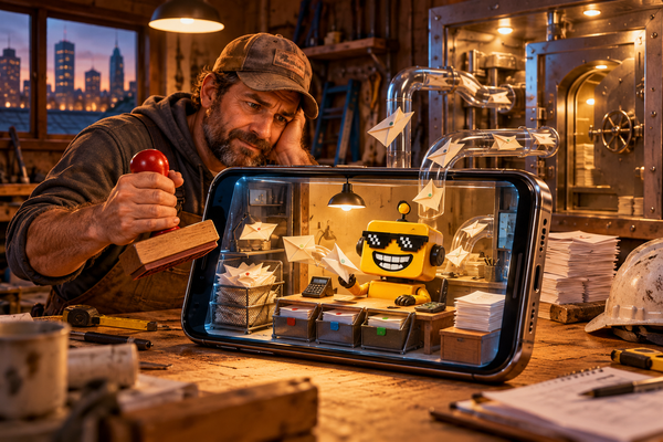 SiliconSnark robot sorts invoices inside a giant phone while a contractor holds an approval stamp.