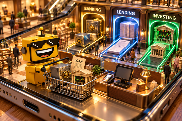 SiliconSnark robot shops for banking and investment products inside a giant smartphone.