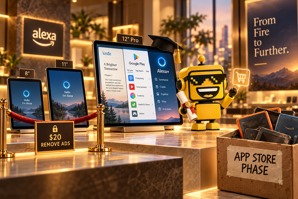 SiliconSnark’s robot presents premium Alexa Tablets beside discarded Fire tablets and an ad-removal rope.
