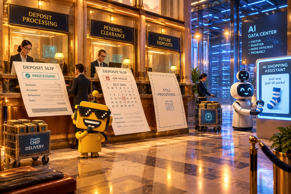 SiliconSnark robot examines financing paperwork beside bankers, chip carts and a glowing AI data center.