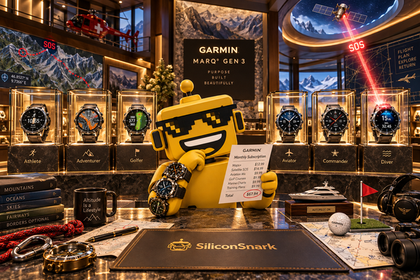 SiliconSnark robot compares six Garmin luxury watches in an alpine rescue-themed boutique.