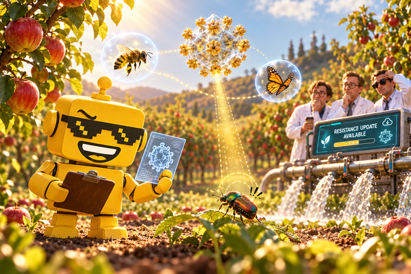 SiliconSnark robot examines a targeted biopesticide particle while insects move through a fruit orchard.