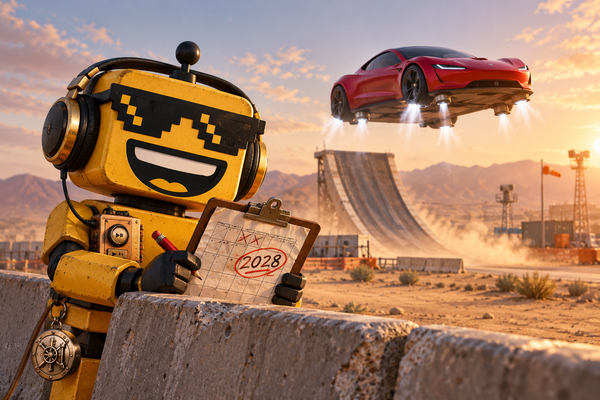 The SiliconSnark robot peeks over a concrete barrier, wearing gold headphones, as a red flying roadster hovers above a test ramp on puffs of compressed air.