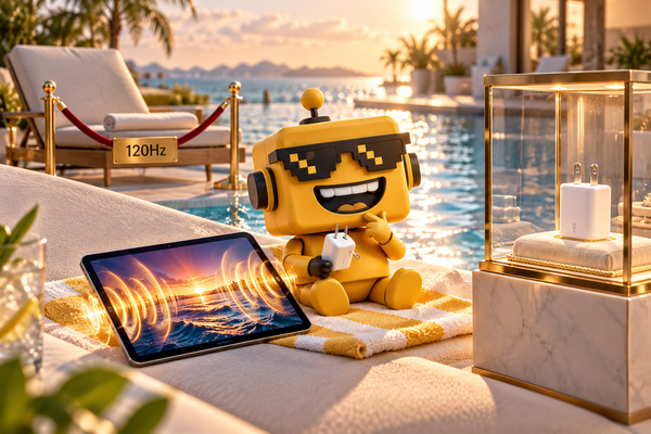 SiliconSnark’s robot examines an OLED iPad mini beside a pool, a 120Hz velvet rope, and two chargers.