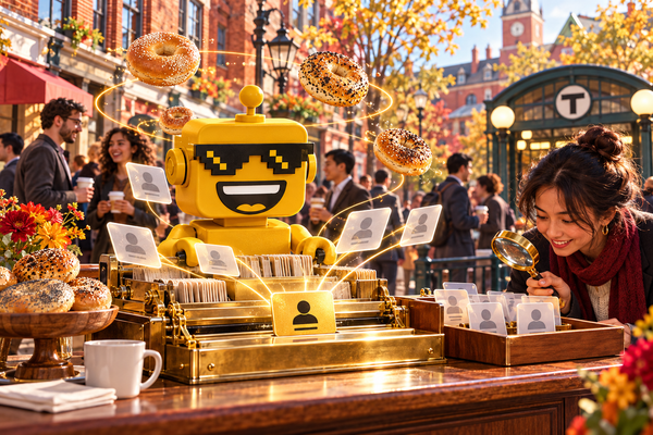 SiliconSnark robot consolidates duplicate customer records at a sunny Harvard Square breakfast table.
