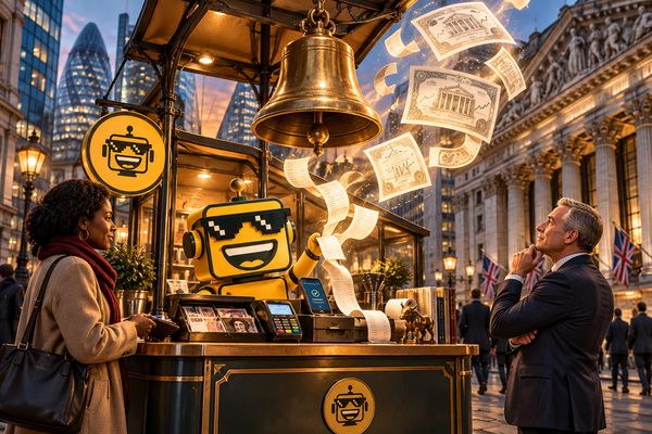 SiliconSnark robot runs a mobile-money kiosk beneath a stock-exchange bell as a customer waits for cash.
