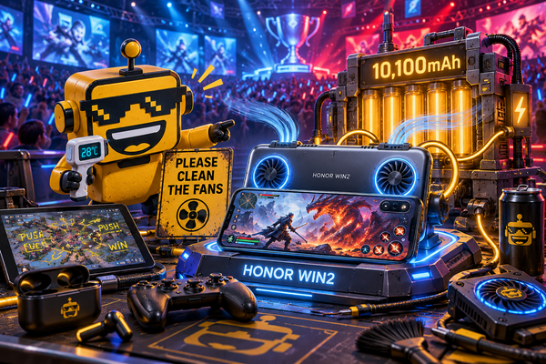 SiliconSnark robot examines Honor WIN2 gaming phone with visible cooling fans in a neon esports arena.