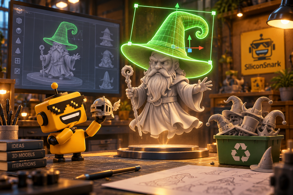 SiliconSnark robot inspects a wizard model while a green selection highlights only its oversized hat.
