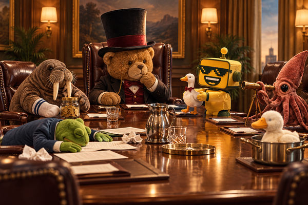  Stuffed animals hold a board meeting as the yellow SiliconSnark robot introduces a plush goose