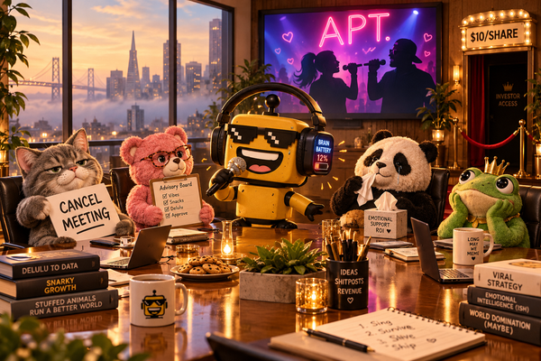 SiliconSnark robot sings karaoke in tired brain-tracking headphones before a board of stuffed animals, while two silhouettes duet on a screen behind it.