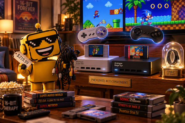 SiliconSnark robot examines Analogue’s new retro cartridge consoles beside wireless controllers and vintage cables.