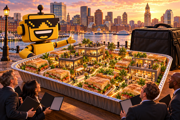 SiliconSnark robot presents a catering tray filled with sandwiches and miniature Boston startups.