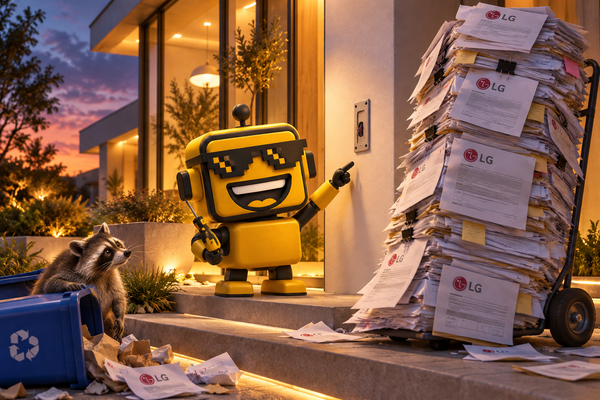 SiliconSnark robot holds a screwdriver beside an unfinished smart doorbell and a towering stack of LG agreements.