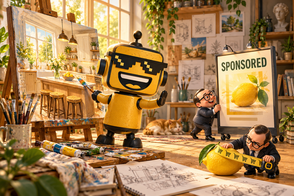 SiliconSnark robot paints a kitchen while an advertising executive places a sponsored billboard beside its easel.