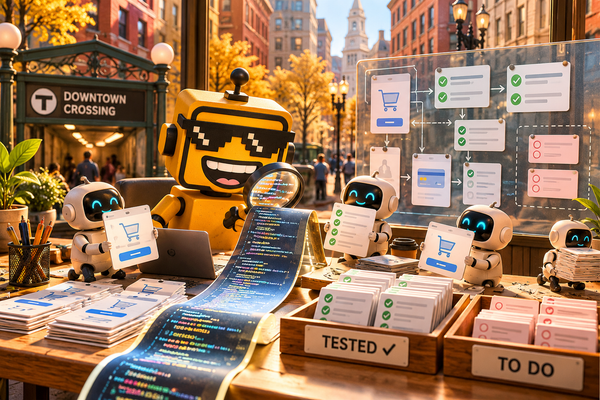 SiliconSnark robot checks software test reports beside coding assistants in Downtown Crossing.