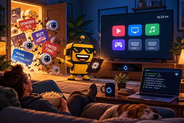 SiliconSnark’s robot evicts ads and tracking from a smart TV, leaving a clean app launcher.