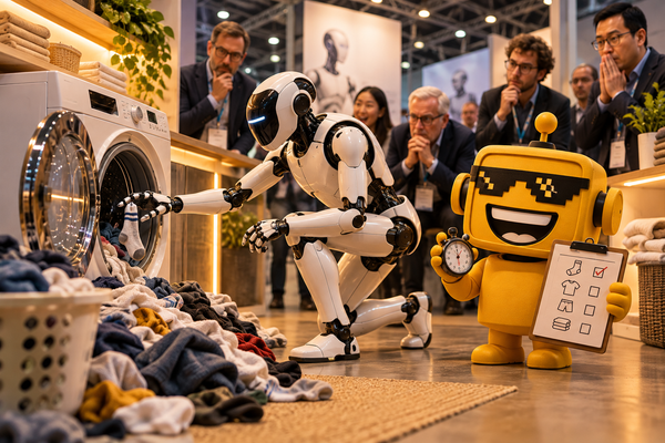 A humanoid retrieves a sock from a washing machine as the mustard-yellow SiliconSnark robot times the demonstration.