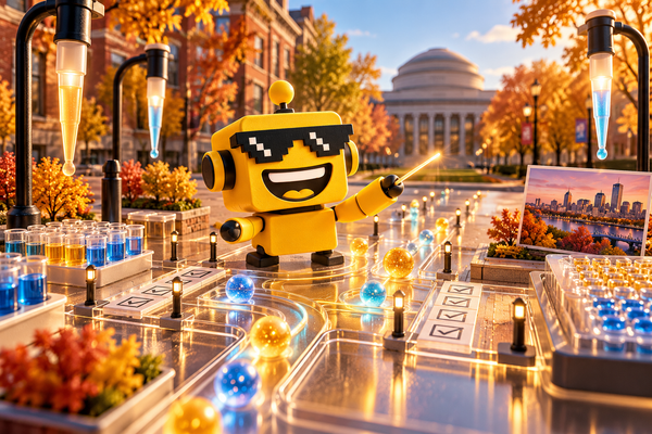 SiliconSnark robot guides droplets across a laboratory chip on Cambridge’s Main Street, with MIT in the distance.