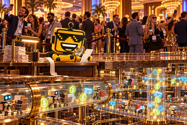 SiliconSnark’s yellow robot examines payment machinery beneath a Las Vegas fintech convention full of selfie-taking attendees.