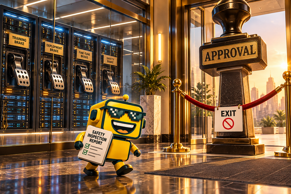 SiliconSnark robot tries to carry an AI safety report past a giant approval stamp blocking a laboratory exit.