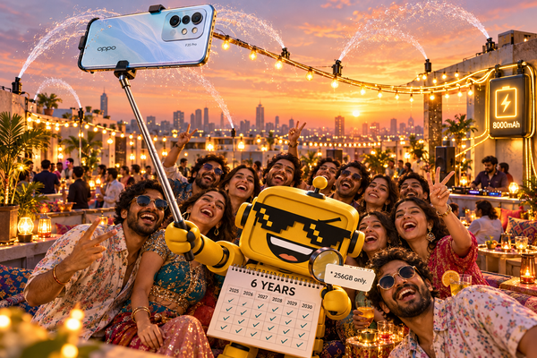 SiliconSnark’s yellow robot joins a huge OPPO group selfie while holding a six-year calendar beside a tiny footnote.