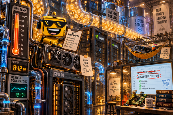 SiliconSnark robot checks a GPU timesheet beside hot server racks and glowing useful-token meters.
